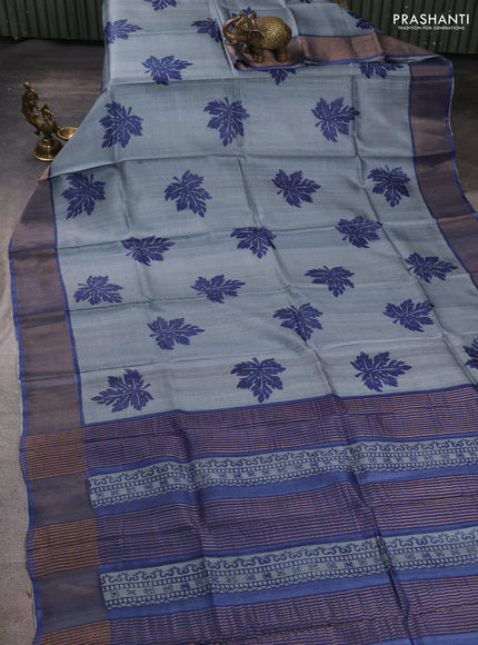 Pure tussar silk saree grey and blue with butta prints and zari woven border