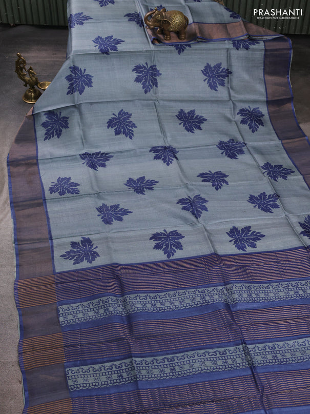 Pure tussar silk saree grey and blue with butta prints and zari woven border