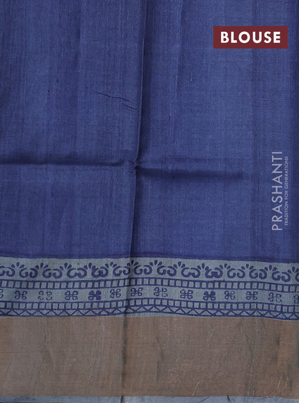 Pure tussar silk saree grey and blue with butta prints and zari woven border
