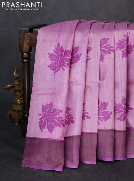 Pure tussar silk saree lavender and purple with butta prints and zari woven border