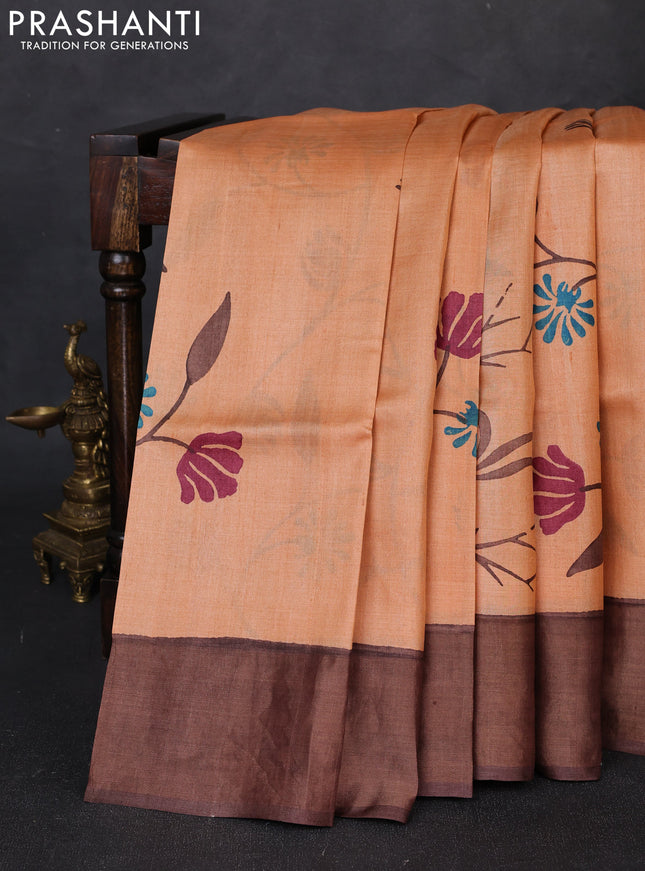 Pure tussar silk saree peach and brown with floral butta prints and zari woven border
