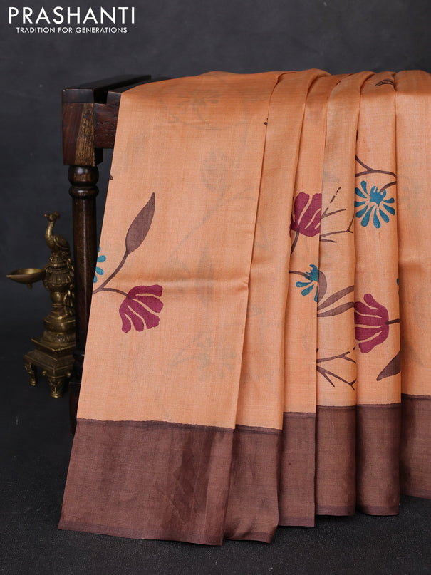 Pure tussar silk saree peach and brown with floral butta prints and zari woven border