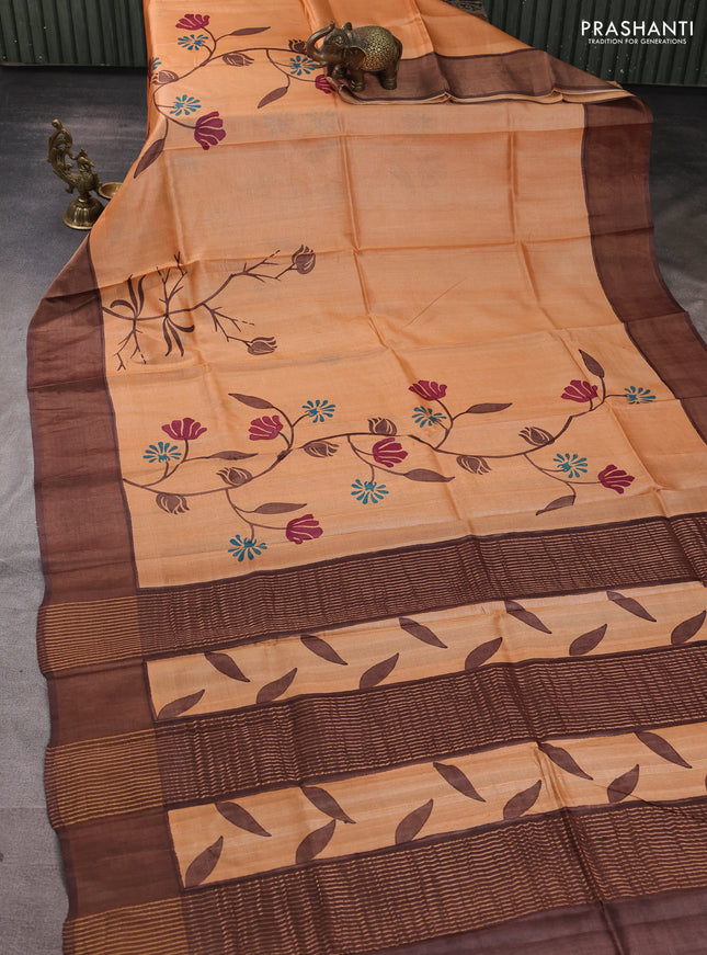 Pure tussar silk saree peach and brown with floral butta prints and zari woven border