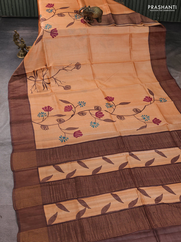 Pure tussar silk saree peach and brown with floral butta prints and zari woven border