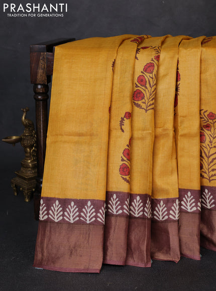 Pure tussar silk saree mustard yellow and rosy brown with floral butta prints and zari woven border