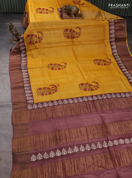 Pure tussar silk saree mustard yellow and rosy brown with floral butta prints and zari woven border