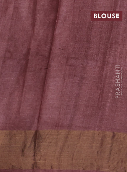 Pure tussar silk saree mustard yellow and rosy brown with floral butta prints and zari woven border