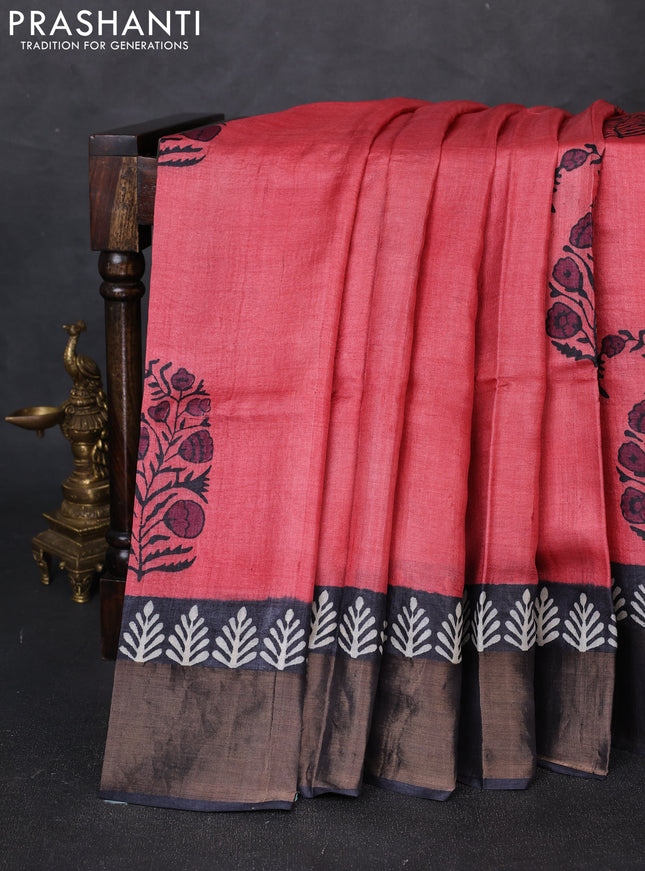 Pure tussar silk saree peach pink and black with floral butta prints and zari woven border
