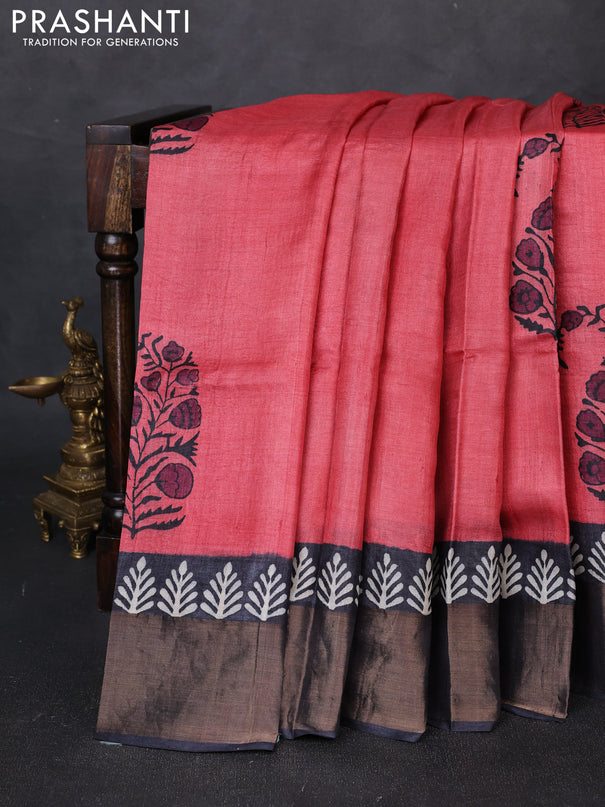 Pure tussar silk saree peach pink and black with floral butta prints and zari woven border