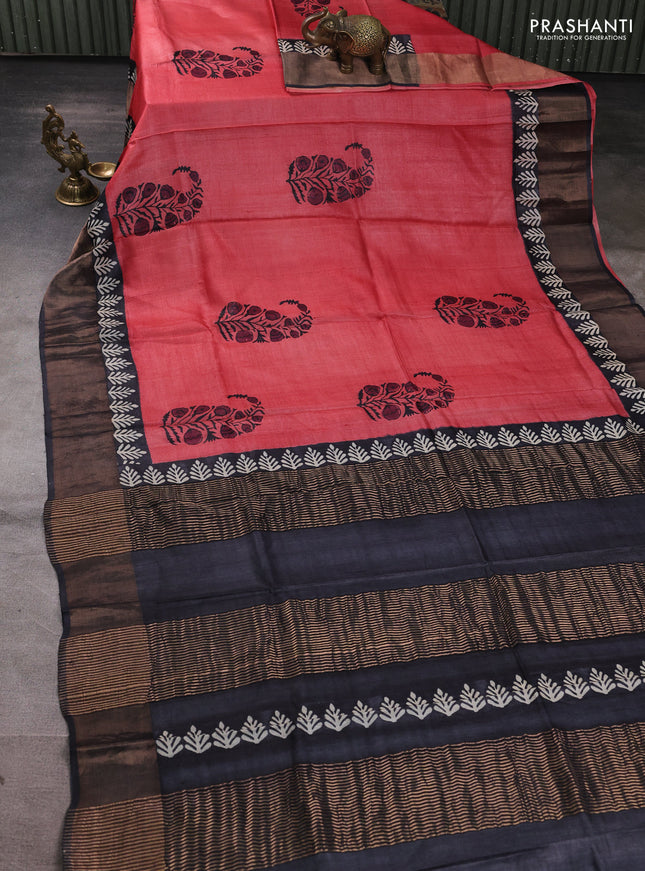 Pure tussar silk saree peach pink and black with floral butta prints and zari woven border