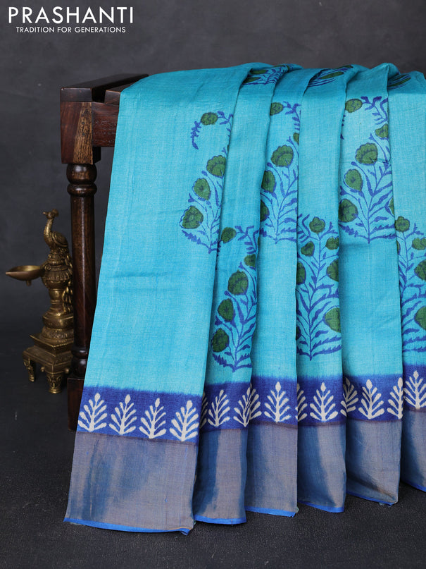 Pure tussar silk saree teal blue and blue with floral butta prints and zari woven border