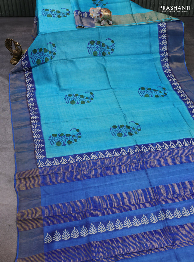 Pure tussar silk saree teal blue and blue with floral butta prints and zari woven border