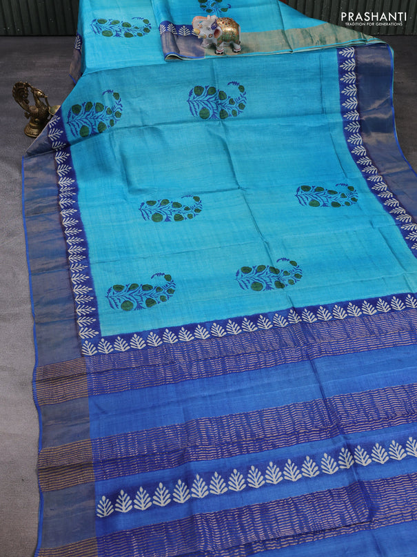 Pure tussar silk saree teal blue and blue with floral butta prints and zari woven border