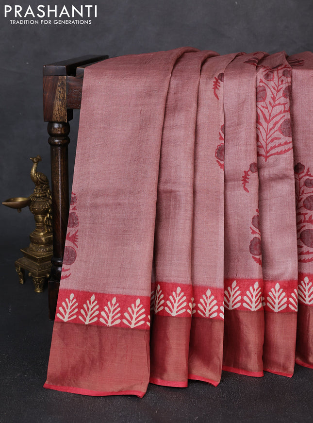 Pure tussar silk saree rosy brown and maroon with floral butta prints and zari woven border