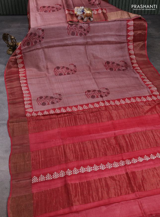 Pure tussar silk saree rosy brown and maroon with floral butta prints and zari woven border