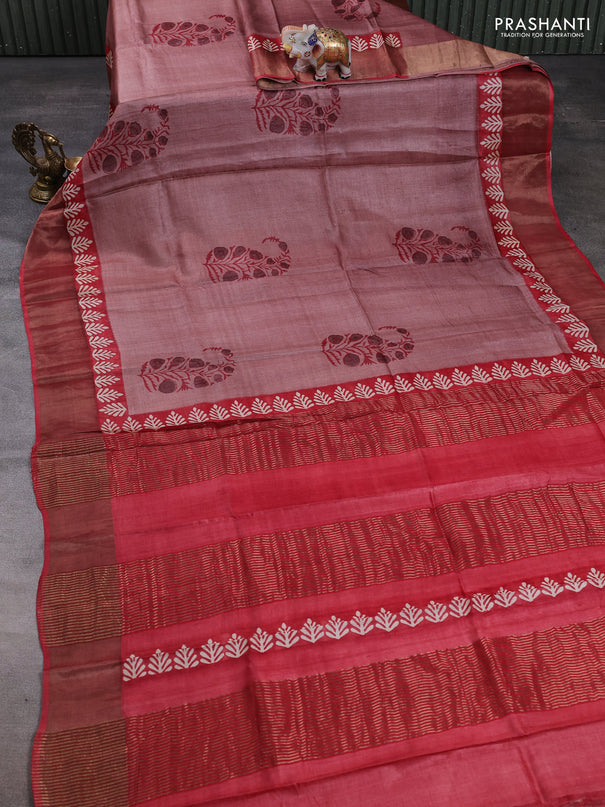 Pure tussar silk saree rosy brown and maroon with floral butta prints and zari woven border
