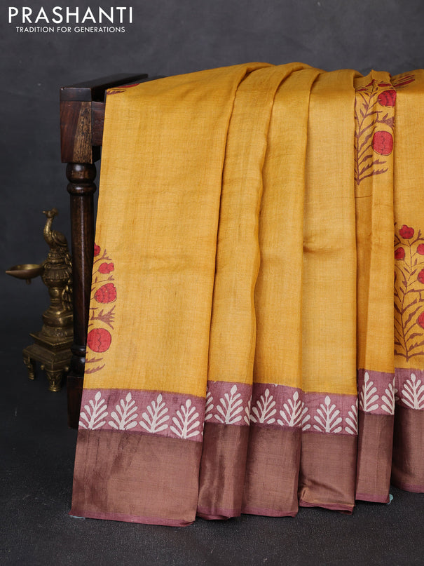 Pure tussar silk saree mustard yellow and pastel brown with floral butta prints and zari woven border