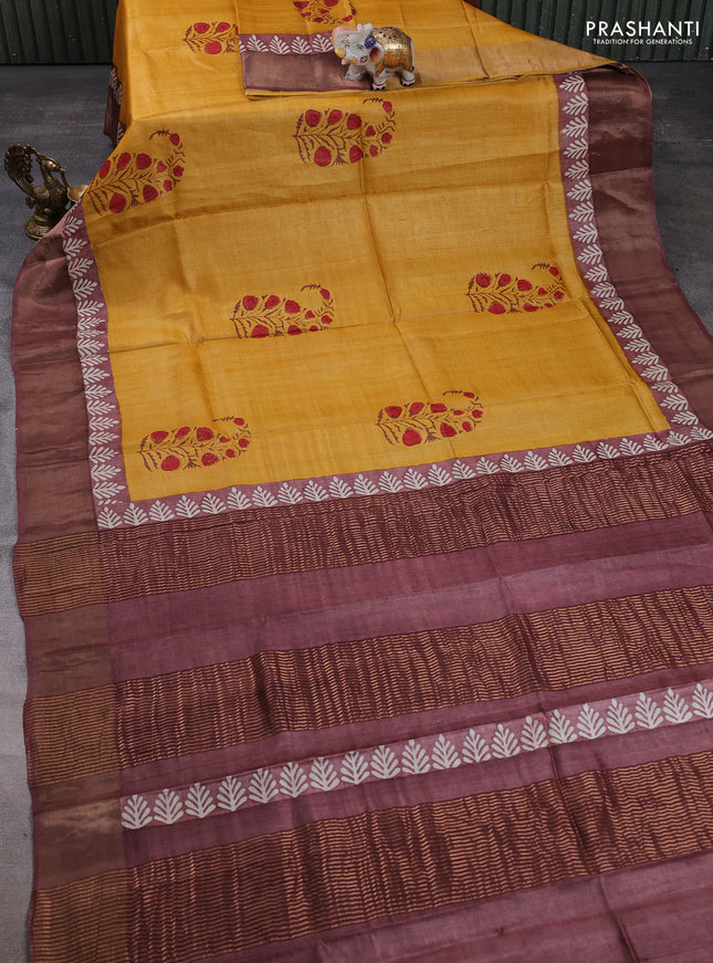 Pure tussar silk saree mustard yellow and pastel brown with floral butta prints and zari woven border