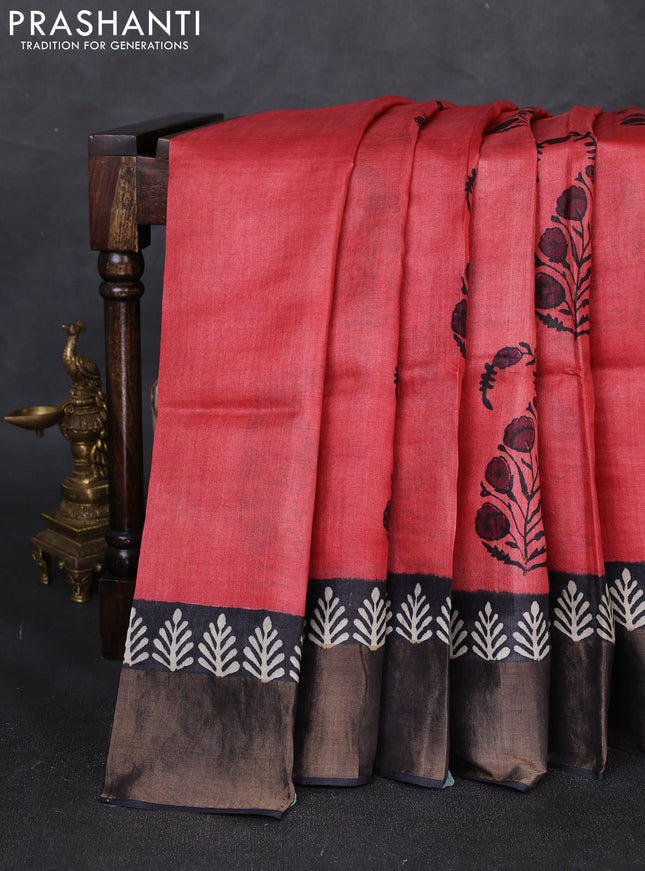 Pure tussar silk saree peach pink and grey with floral butta prints and zari woven border