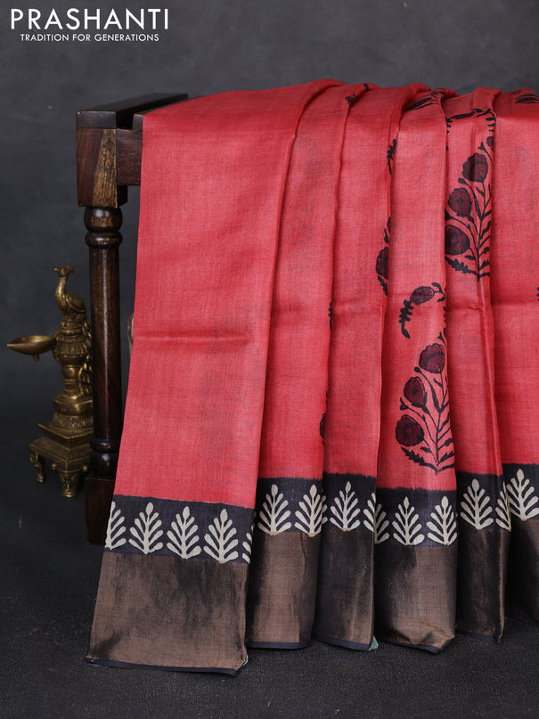 Pure tussar silk saree peach pink and grey with floral butta prints and zari woven border