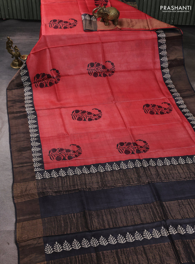 Pure tussar silk saree peach pink and grey with floral butta prints and zari woven border