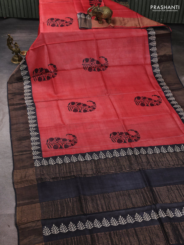 Pure tussar silk saree peach pink and grey with floral butta prints and zari woven border