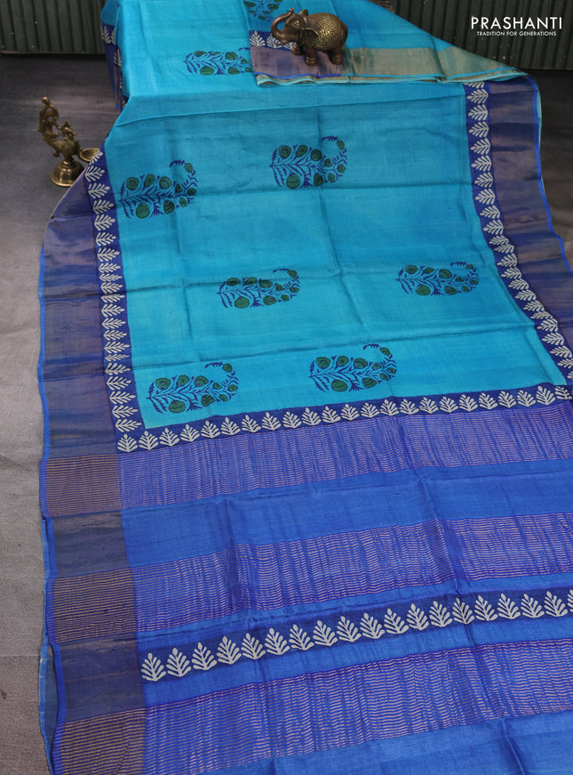 Pure tussar silk saree teal blue and blue with floral butta prints and zari woven border