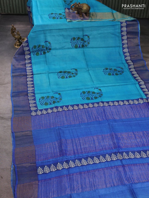 Pure tussar silk saree teal blue and blue with floral butta prints and zari woven border