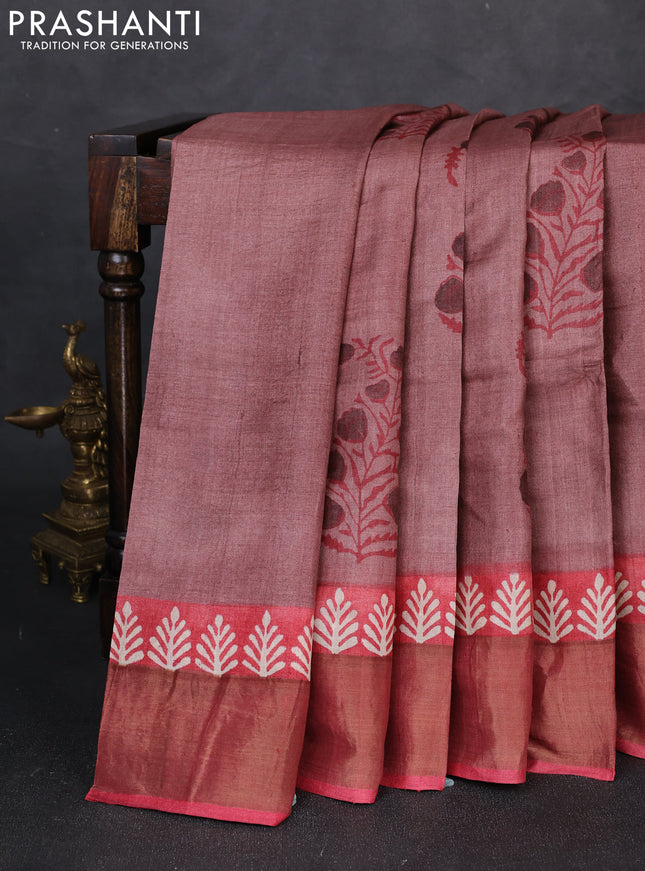 Pure tussar silk saree pastel peach and maroon with floral butta prints and zari woven border