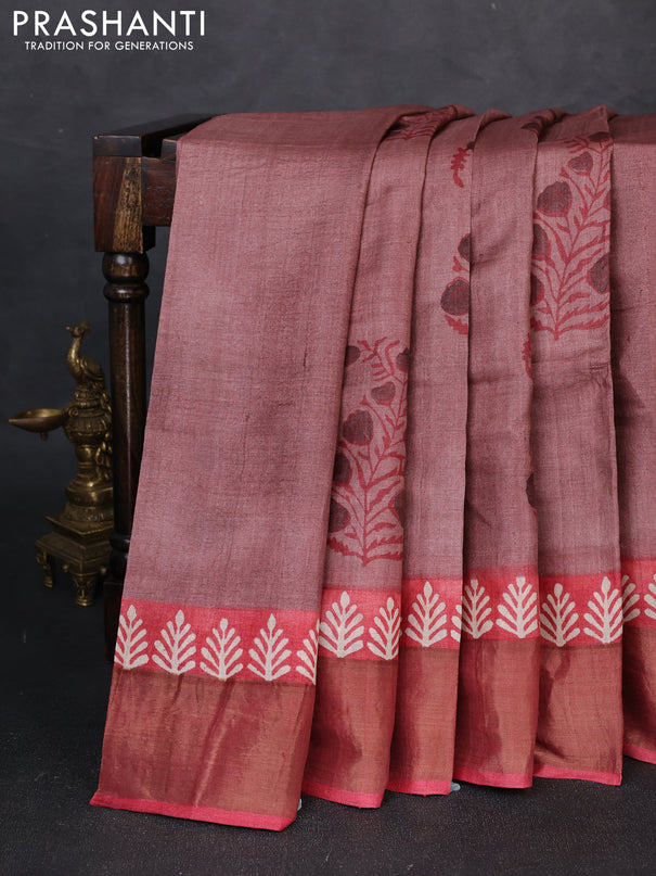 Pure tussar silk saree pastel peach and maroon with floral butta prints and zari woven border