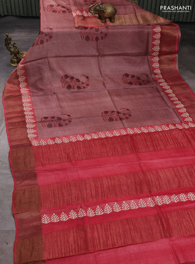 Pure tussar silk saree pastel peach and maroon with floral butta prints and zari woven border
