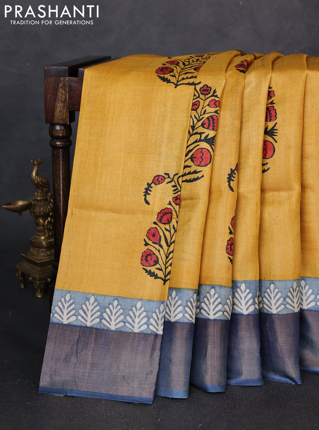 Pure tussar silk saree mustard yellow and grey with floral butta prints and zari woven border