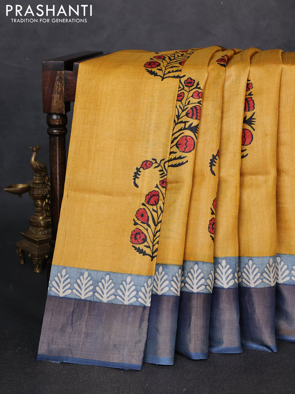 Pure tussar silk saree mustard yellow and grey with floral butta prints and zari woven border