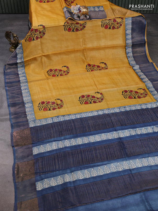 Pure tussar silk saree mustard yellow and grey with floral butta prints and zari woven border