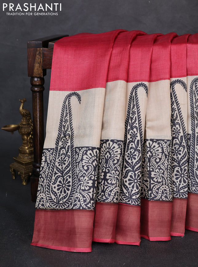 Pure tussar silk saree maroon and beige with plain body and long printed zari woven border