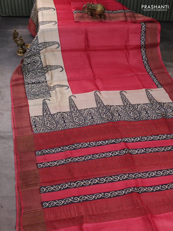 Pure tussar silk saree maroon and beige with plain body and long printed zari woven border