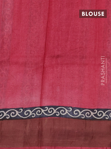 Pure tussar silk saree maroon and beige with plain body and long printed zari woven border