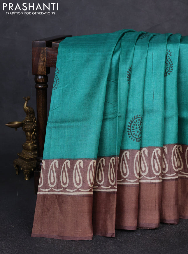 Pure tussar silk saree green and brown with paisley butta prints and long printed zari woven border