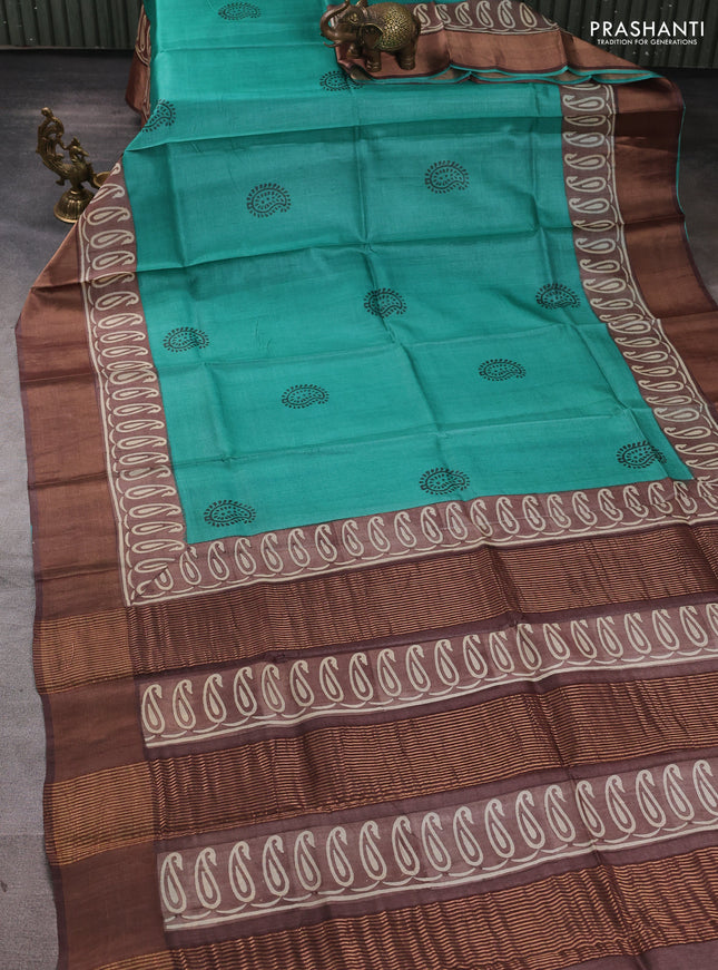 Pure tussar silk saree green and brown with paisley butta prints and long printed zari woven border