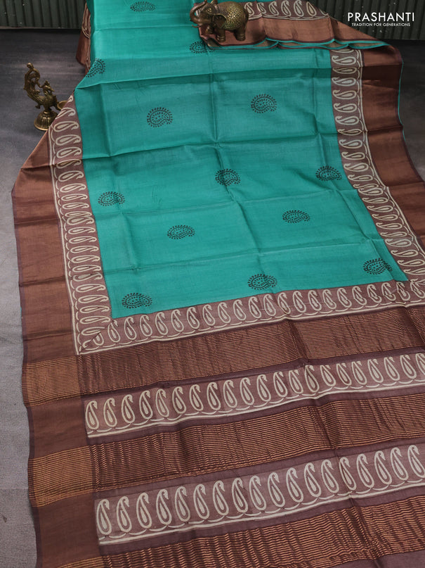 Pure tussar silk saree green and brown with paisley butta prints and long printed zari woven border