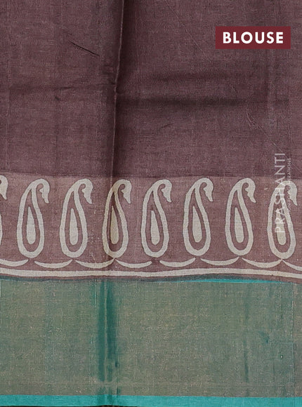 Pure tussar silk saree green and brown with paisley butta prints and long printed zari woven border