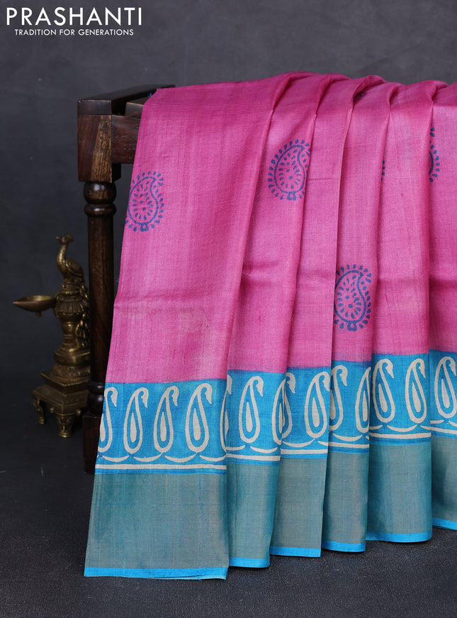 Pure tussar silk saree light pink and cs blue with paisley butta prints and long printed zari woven border
