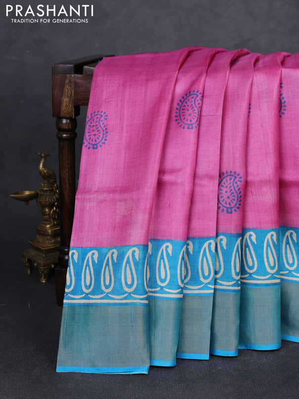 Pure tussar silk saree light pink and cs blue with paisley butta prints and long printed zari woven border