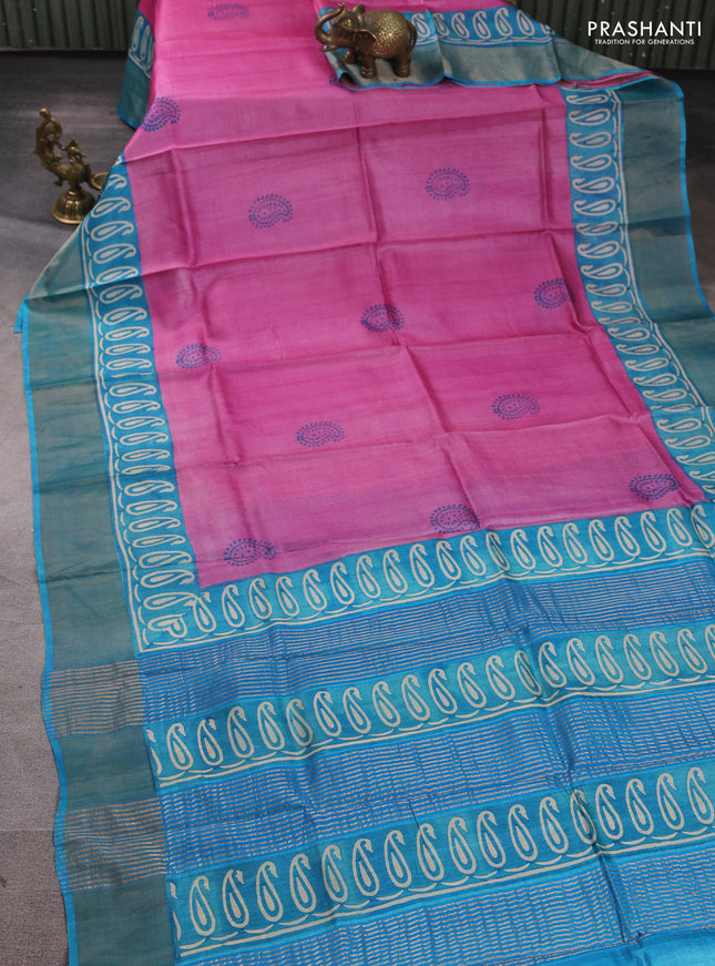 Pure tussar silk saree light pink and cs blue with paisley butta prints and long printed zari woven border
