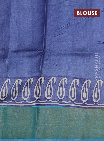 Pure tussar silk saree cs blue and grey with plain body and long printed zari woven border
