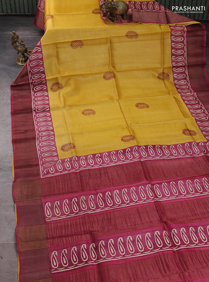 Pure tussar silk saree mustard yellow and maroon with paisley butta prints and long printed zari woven border