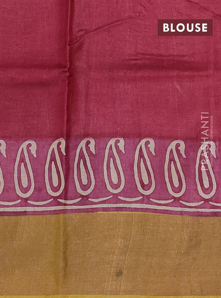 Pure tussar silk saree mustard yellow and maroon with paisley butta prints and long printed zari woven border