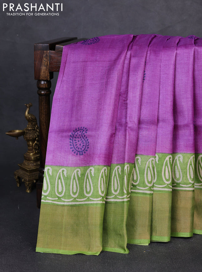 Pure tussar silk saree purple and light green with paisley butta prints and long printed zari woven border