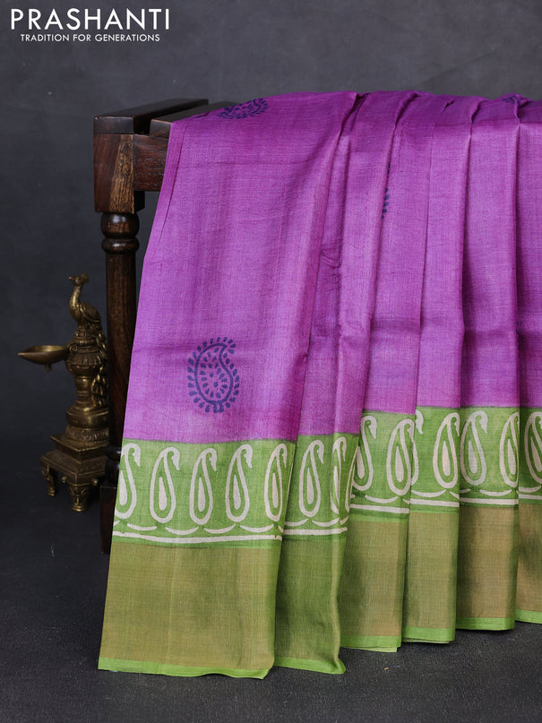 Pure tussar silk saree purple and light green with paisley butta prints and long printed zari woven border