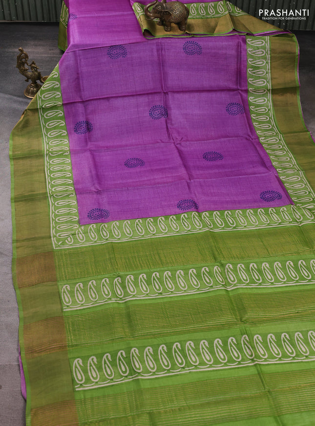 Pure tussar silk saree purple and light green with paisley butta prints and long printed zari woven border